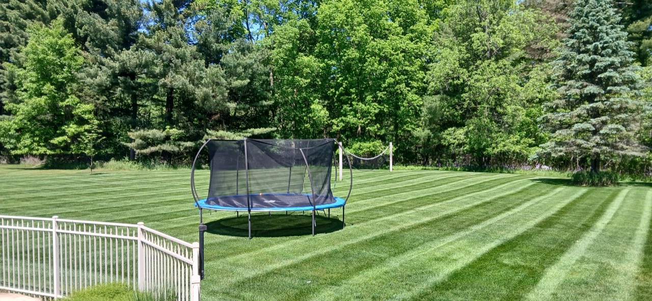 Mowing stripes curving neatly around a backyard trampoline near a wooded tree line